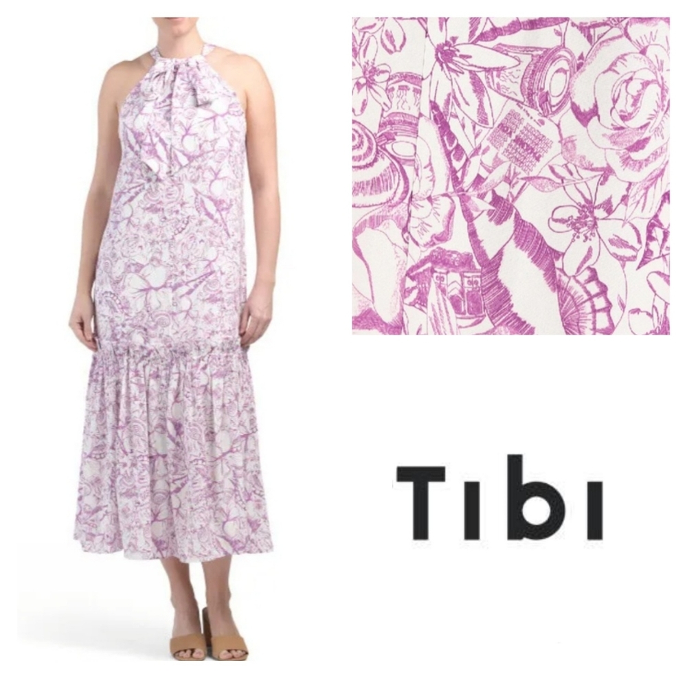 Tibi Isa Toile Floral Print Halter Tie Neck Midi Ruffle Dress Size 6 NEW NWT